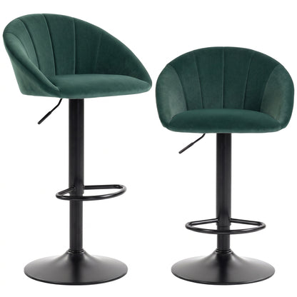 HOMCOM Bar Stools Set of 2 Adjustable Swivel Velvet Breakfast Bar Stools with Backrest, Dark Green