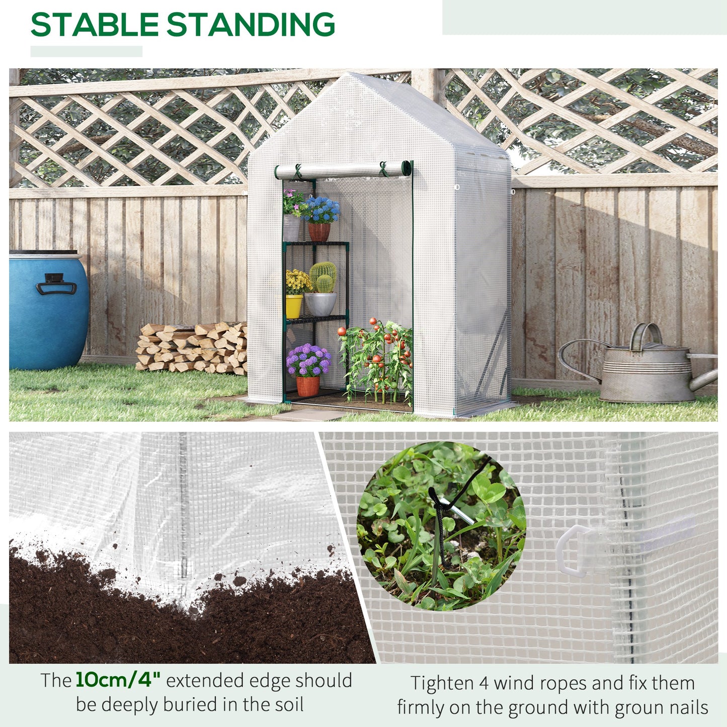 Outsunny Walk In Greenhouse with 2 Tier Shelf, Portable Gardening Plant Grow House Tomato Greenhouse with Roll up Zip Panel Door, Reinforced PE Cover, 143 x 73 x 195cm, Green