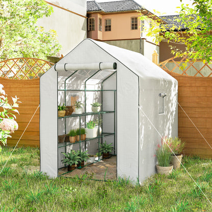 Outsunny Walk-in Greenhouse with 3 Tier 12 Shelves, Small Greenhouse with Reinforced PE Cover, Garden Plant Growhouse with Roll-up Door and Three Mesh Windows, 140 x 213 x 190 cm, White