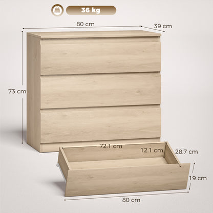 HOMCOM 3-Drawer Storage Organiser Unit, Chest of Drawers for Bedroom, Living Room, 80 x 39 x 73cm, Oak