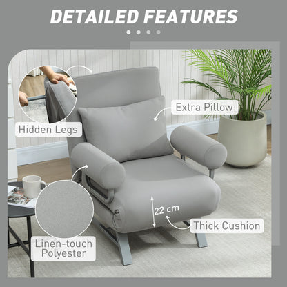 HOMCOM Single Sofa Bed, 3-in-1 Convertible Folding Chair Bed with Adjustable Backrest, Removable Armrests, Light Grey