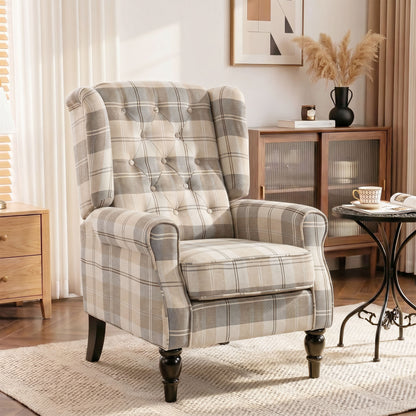 HOMCOM Wingback Accent Chair, Linen-Look Fabric Armchair with Thick Spring Cushion, High Back, Khaki Plaid