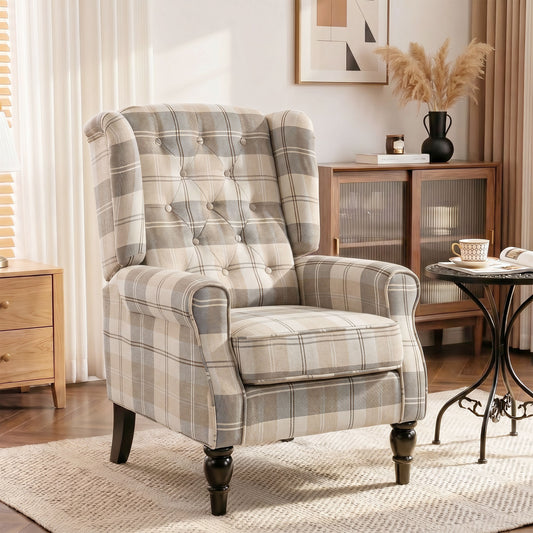 HOMCOM Wingback Accent Chair, Linen-Look Fabric Armchair with Thick Spring Cushion, High Back, Khaki Plaid