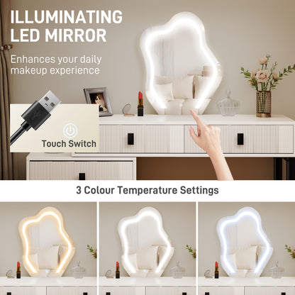 HOMCOM Dressing Table, Vanity Desk with Leaf Shape Mirror, Makeup Table with 5 Drawers, 3-Colour LED Lights, 100x40cm Tabletop, White
