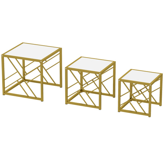 HOMCOM Nesting Coffee Tables, Set of 3 Square Side Tables with Black Metal Frame, for Living Room, Bedroom and Office, White