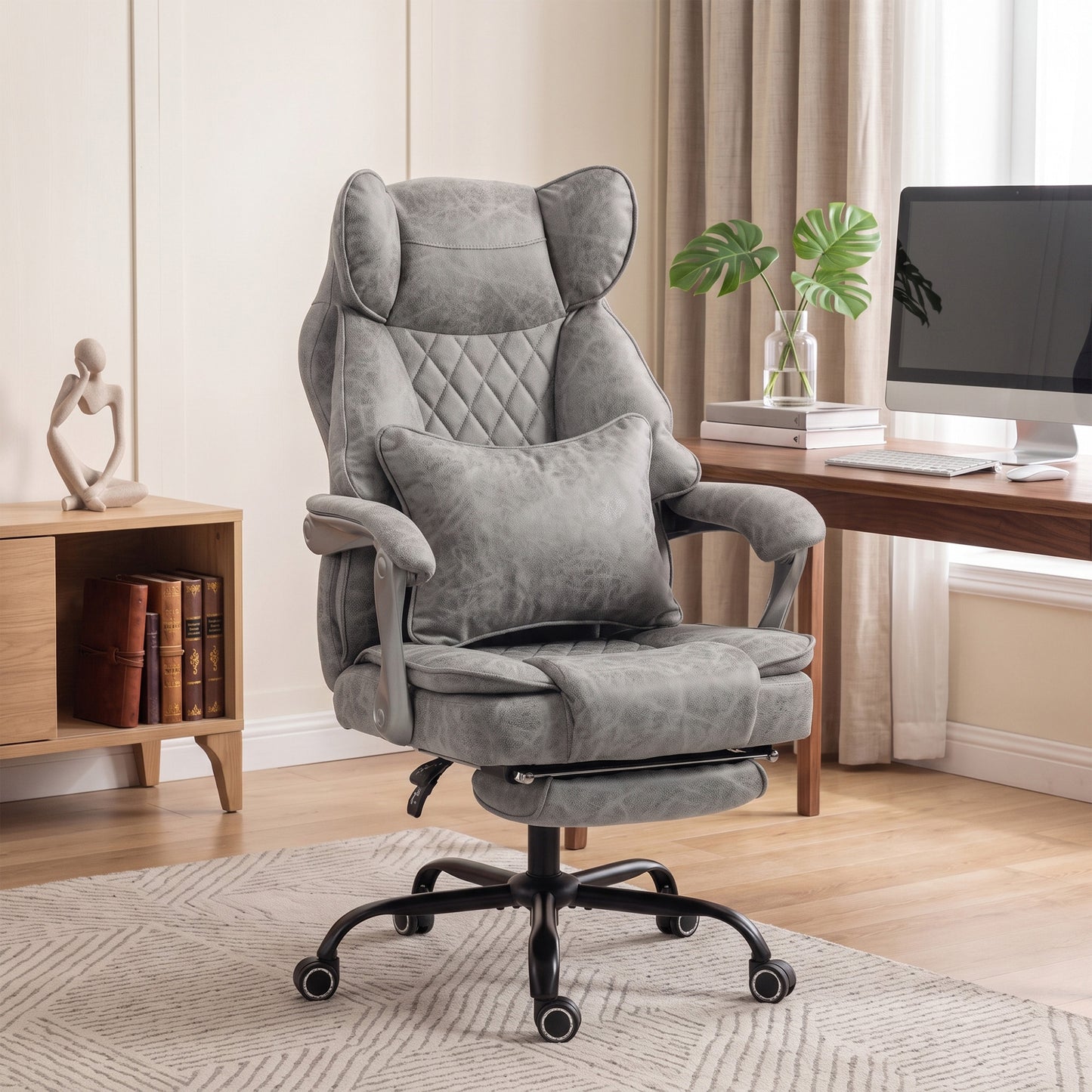 HOMCOM Executive Office Chair, Leathaire Big and Tall Office Chair 180 kg with Wide Seat, Reclining, Lumbar Support, Grey