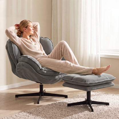 HOMCOM Armchair with Adjustable Footstool, 360° Swivel Chenille Cloud Accent Chair with Thick Cushion, Steel Base, Grey