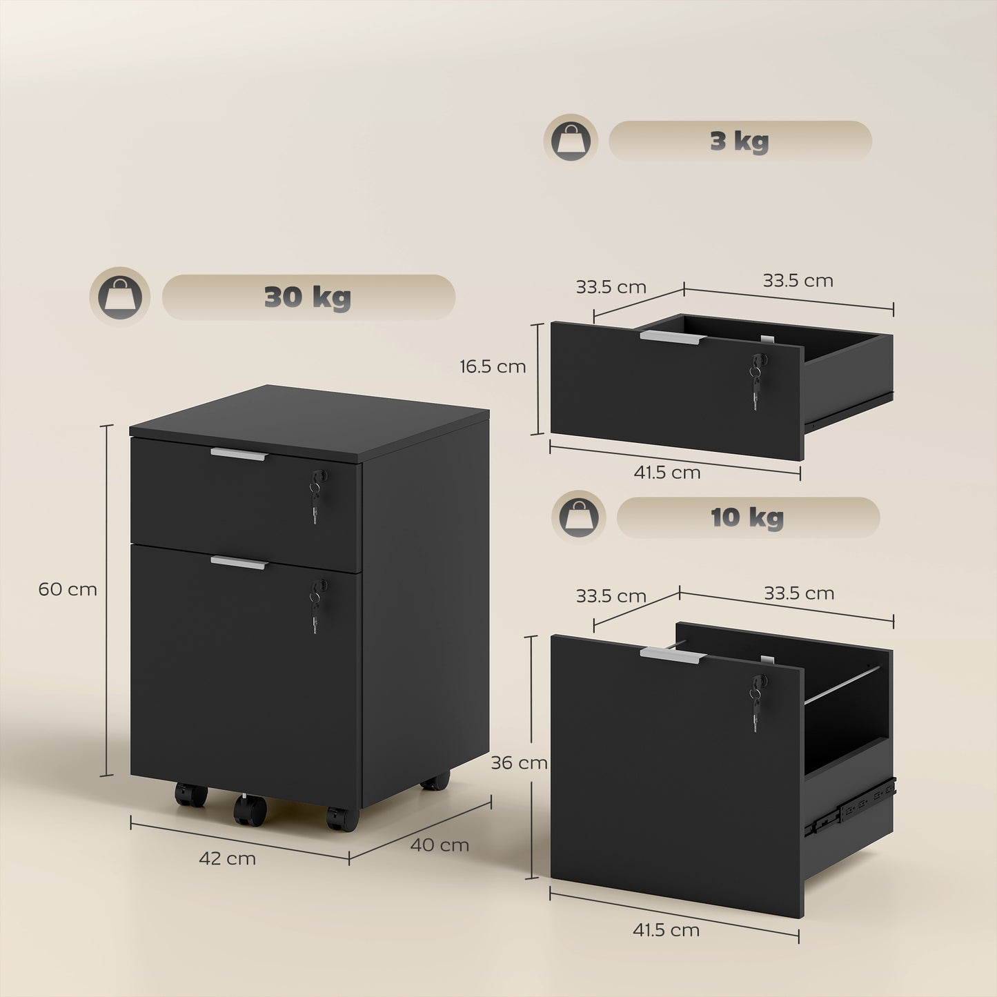 HOMCOM Two-Drawer Lockable Filing Cabinet - Black