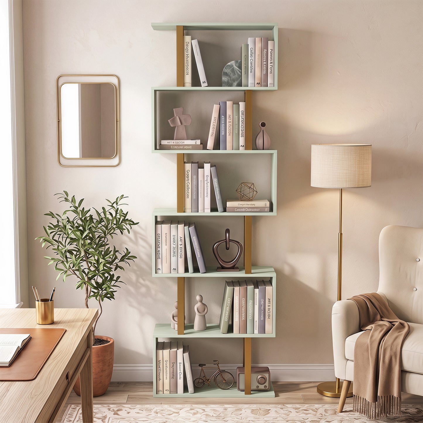 HOMCOM S-Shaped Bookshelf, 6-Tier Bookcase, Freestanding Storage Shelves with Anti-Tip Strap for Living Room, Light Green