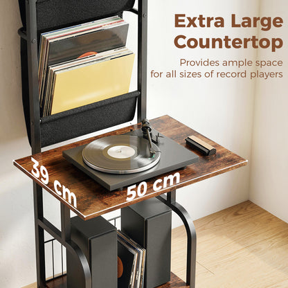 HOMCOM Vinyl Record Player Stand Record Storage with Player Stand Oxford Fabric Pockets Bottom Shelf Rustic Brown and Black
