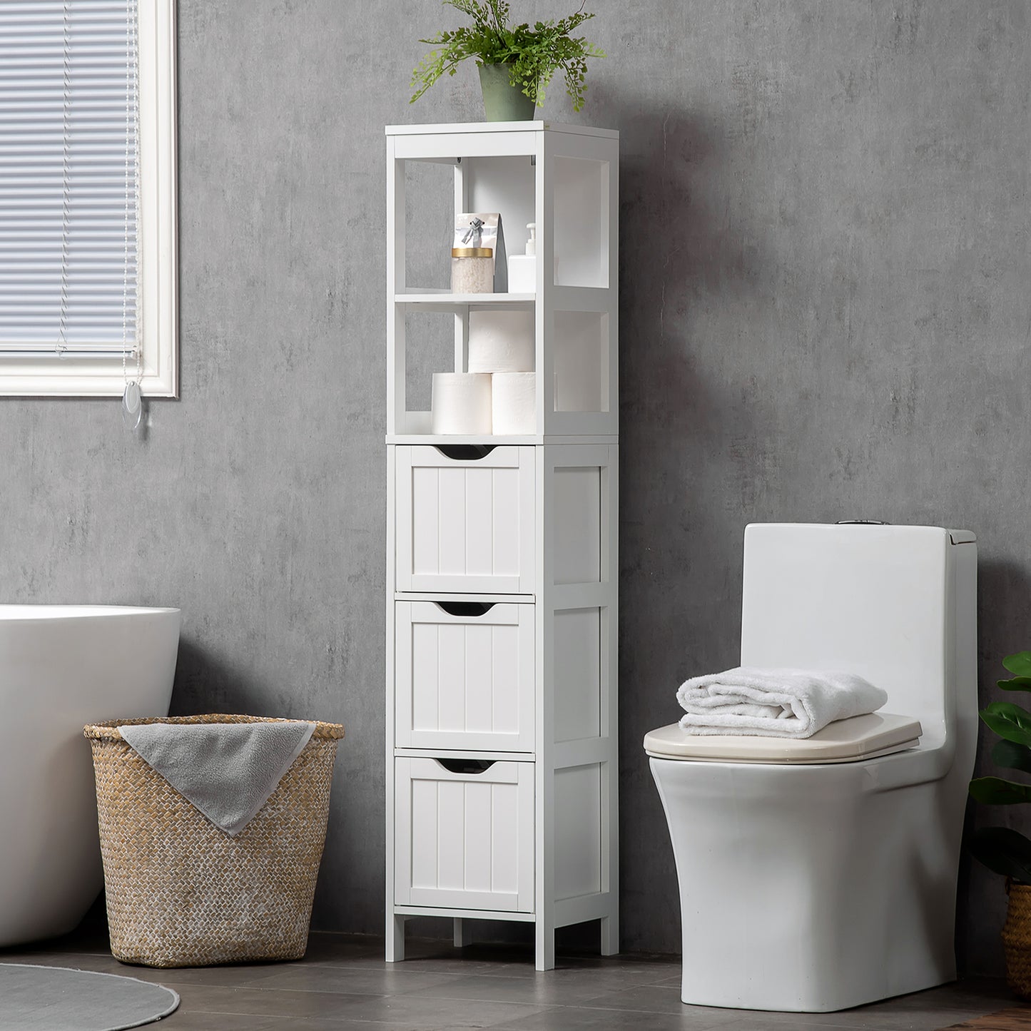 HOMCOM Narrow Floor Cabinet, Bathroom Cabinet with 3 Drawers and 2 Open Shelves, 30W x 30D x 141.6Hcm, White