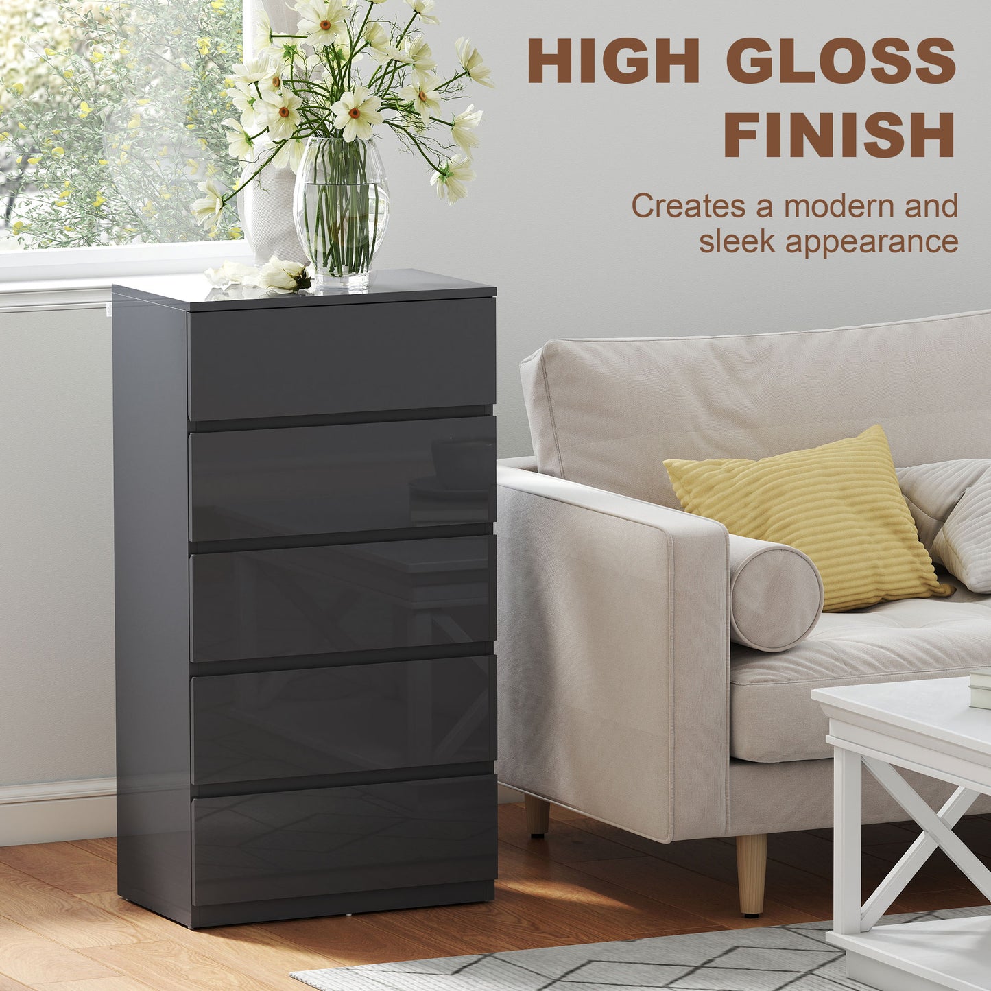 HOMCOM 5-Drawer Modern Dresser, High Gloss Storage Drawer Unit for Bedroom, Grey