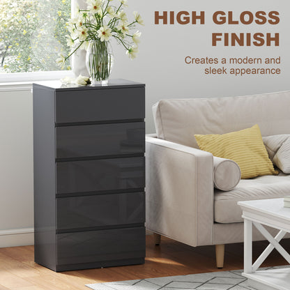HOMCOM 5-Drawer Modern Dresser, High Gloss Storage Drawer Unit for Bedroom, Grey