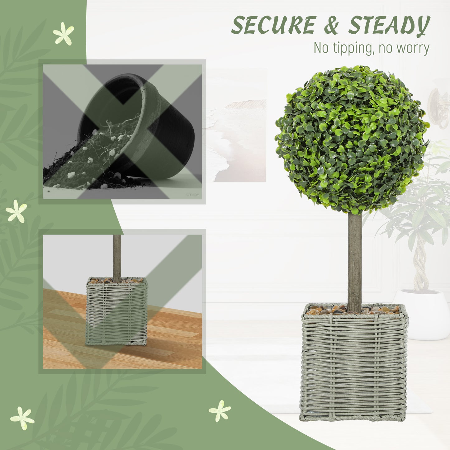 HOMCOM Set of 2 Decorative Artificial Plants, 50cm Faux Boxwood Topiary Balls with Woven Plastic Pot and Pebbles, Fake Plants for Home or Office Decor, Green-Artificial Trees-ChewyGames-ChewyGames