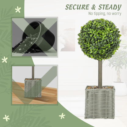 HOMCOM Set of 2 Decorative Artificial Plants, 50cm Faux Boxwood Topiary Balls with Woven Plastic Pot and Pebbles, Fake Plants for Home or Office Decor, Green-Artificial Trees-ChewyGames-ChewyGames