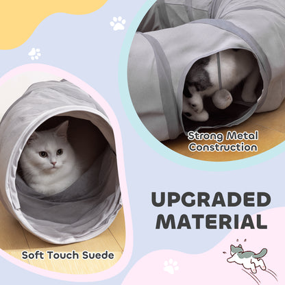 PawHut 2 in 1 Cat Tunnel with Bed, Cat Play Tunnel with Ball & Peek Hole for Indoor Cats, Grey