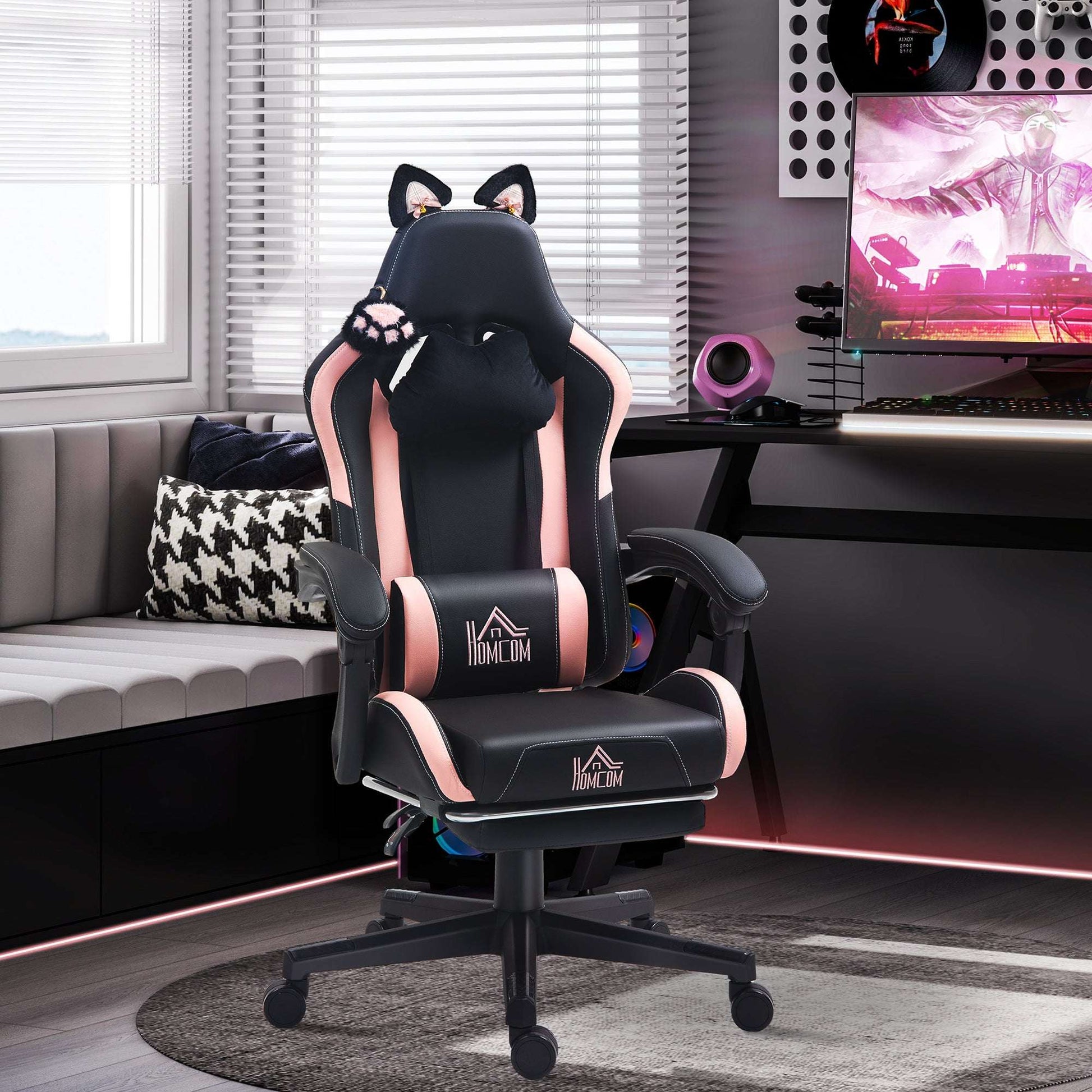 HOMCOM Cat Ear and Paw Reclining Office Chair, with Footrest - Black/Pink