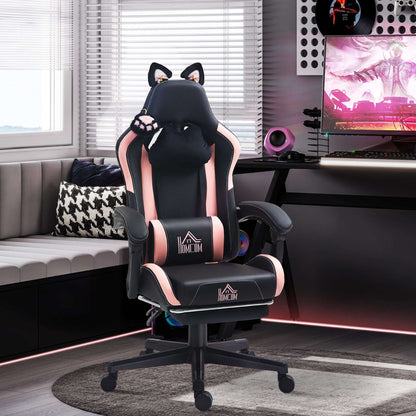 HOMCOM Cat Ear and Paw Reclining Office Chair, with Footrest - Black/Pink