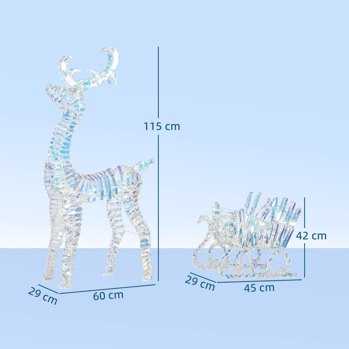 Outsunny Lighted Christmas Reindeer with Sleigh, Outdoor Yard Reindeer with 170 Warm White LED Lights, Holiday Decor with Stakes, Waterproof, Silver