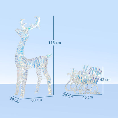 Outsunny Lighted Christmas Reindeer with Sleigh, Outdoor Yard Reindeer with 170 Warm White LED Lights, Holiday Decor with Stakes, Waterproof, Silver