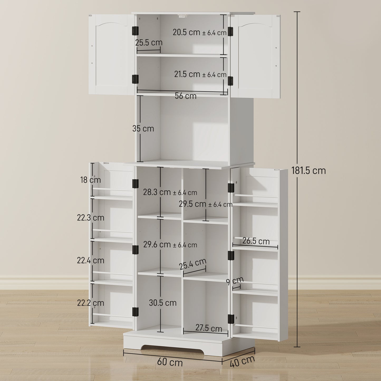 HOMCOM 181.5 cm Freestanding Storage Cabinet, Tall Kitchen Cupboard with Adjustable Shelves, 8 Door Spice Racks, White