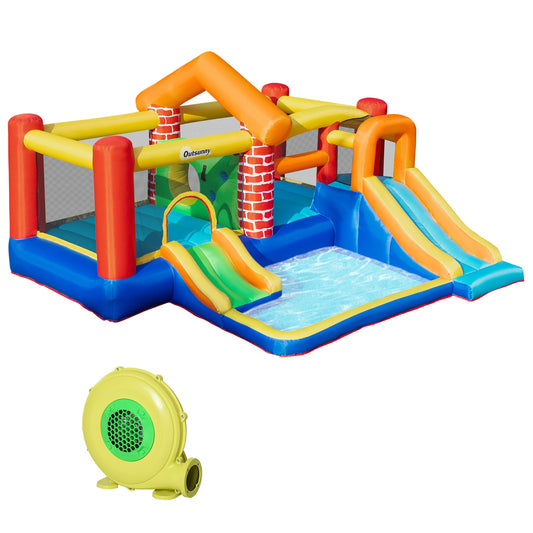 Outsunny 4 in 1 Kids Bouncy Castle Extra Large Double Slides & Trampoline Design Inflatable House Pool Climbing Wall with Blower Carrybag for Kids Age 3-8, 3.8 x 3.7 x 2.3m