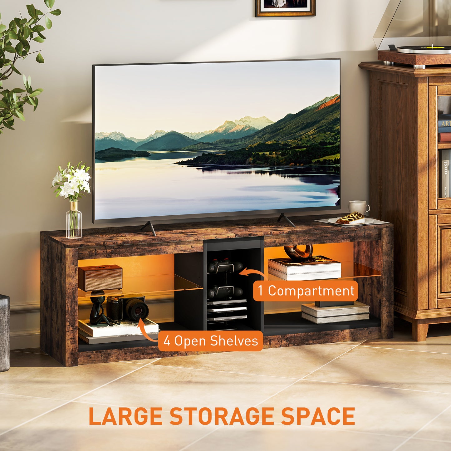 HOMCOM TV Stand Cabinet with LED Lights and Remote Control for TVs up to 65", Entertainment Centre with Storage Shelves and Compartment, Rustic Brown