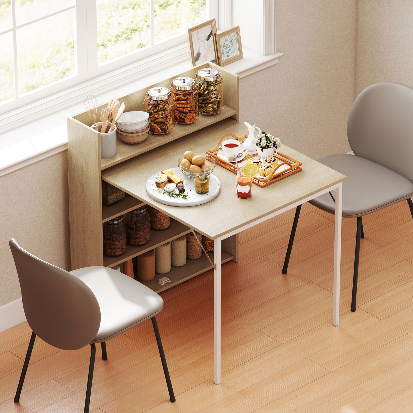 HOMCOM Kitchen Table, Folding Dining Table, with 4-Tier Shelves, Modern Drop-Leaf Table, Oak Wood Effect