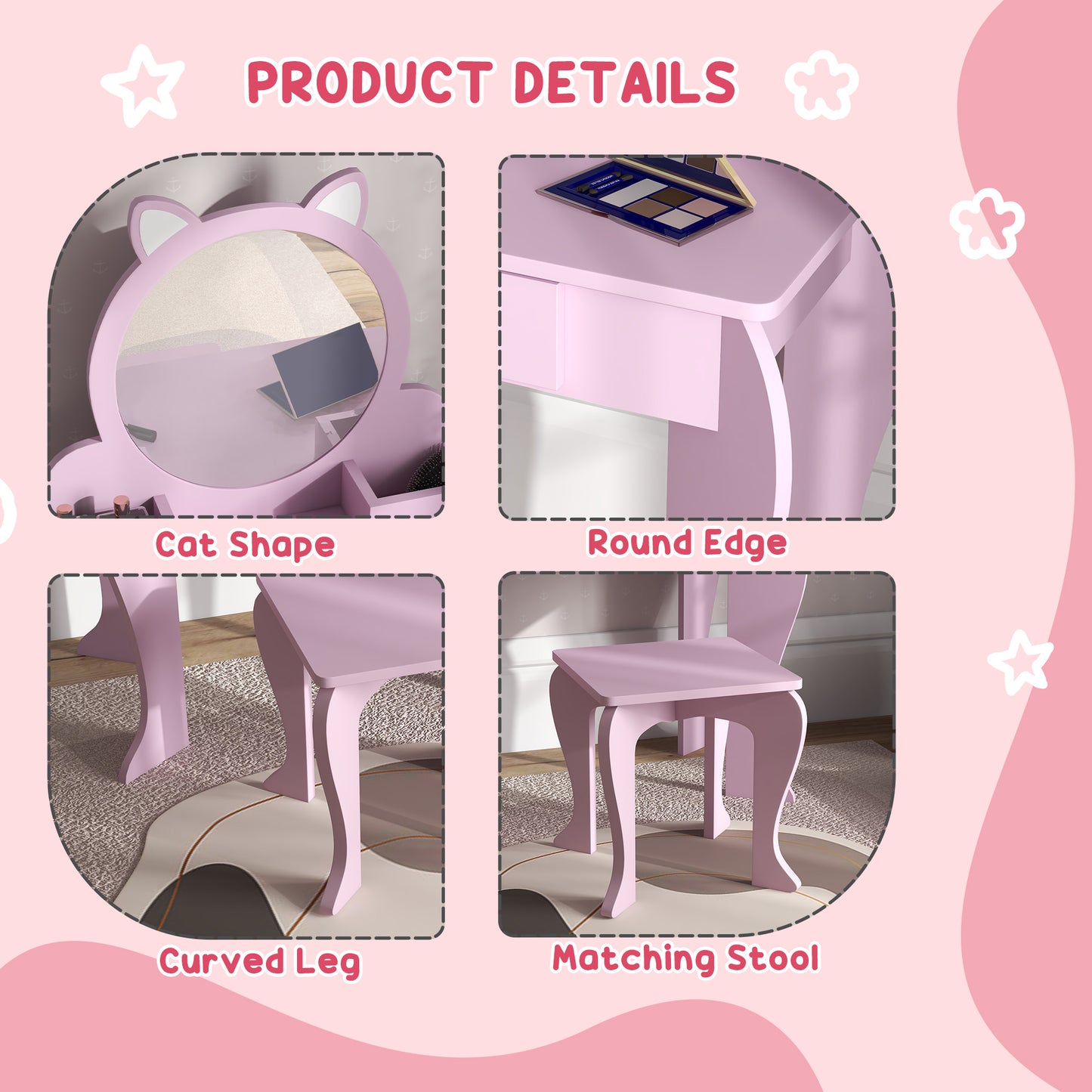 ZONEKIZ Kids Vanity Table with Mirror, Stool, Drawer, Storage Boxes, Cat Design, for Ages 3-6 Years - Pink--ChewyGames-ChewyGames