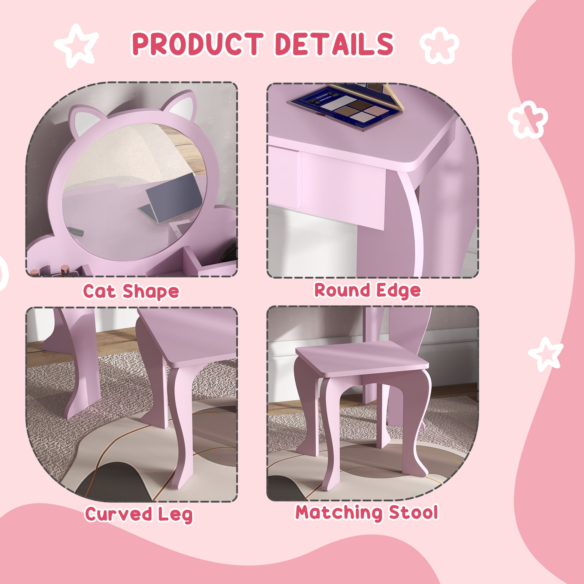 ZONEKIZ Kids Vanity Table with Mirror, Stool, Drawer, Storage Boxes, Cat Design, for Ages 3-6 Years - Pink--ChewyGames-ChewyGames