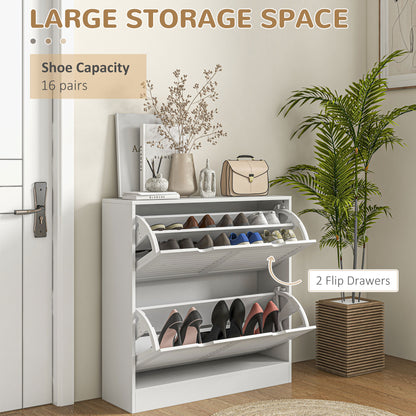 HOMCOM 2 Drawers Entryway Shoe Cabinet, Narrow Shoe Storage Cabinet with 2 Flip Drawers, Louvred Door Design and Adjustable Shelves for 16 Pairs of Shoes, White