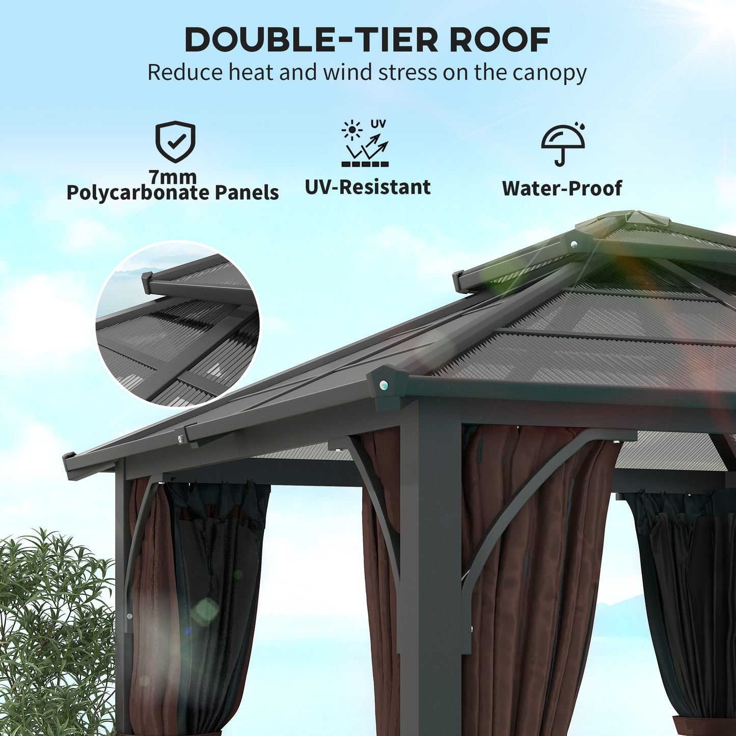 Outsunny 3 x 3(m) Hardtop Gazebo Canopy with 7mm Polycarbonate Double-Tier Roof, Garden Gazebo Permanent Pavilion with Mosquito Netting and Curtains for Patio, Terrace, Brown