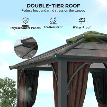 Outsunny 3 x 3(m) Hardtop Gazebo Canopy with 7mm Polycarbonate Double-Tier Roof, Garden Gazebo Permanent Pavilion with Mosquito Netting and Curtains for Patio, Terrace, Brown