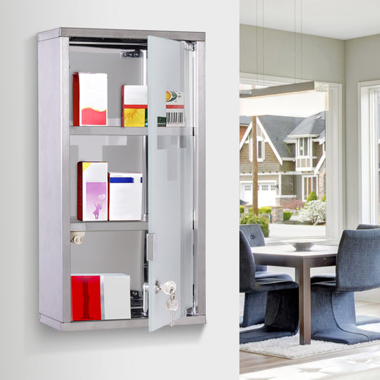 HOMCOM Stainless Steel wall mounted Medicine Cabinet with 2 Shelves + Security Glass Door Lockable 48 cm(H)-Medicine Cabinets-ChewyGames-ChewyGames