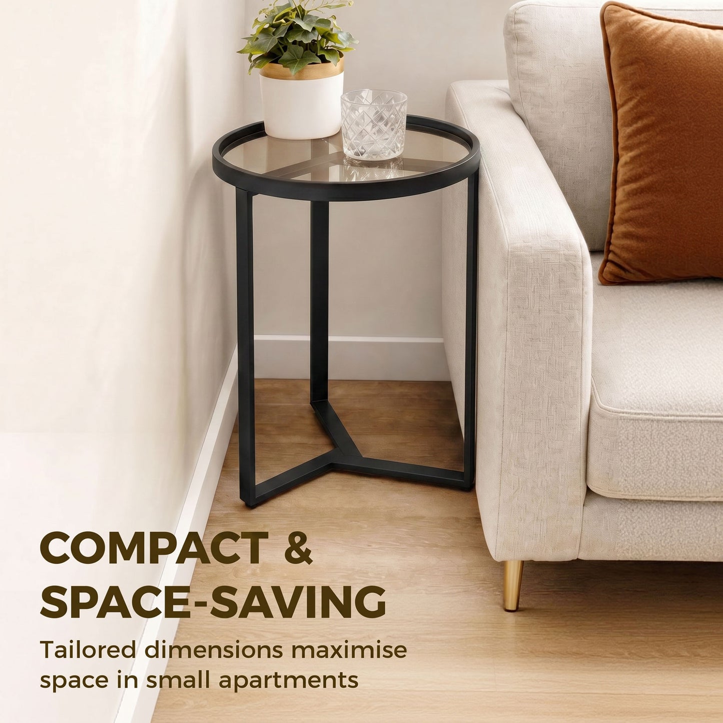 HOMCOM Round Side Table with Tempered Glass Top and Geometric Metal Frame for Small Space, Black