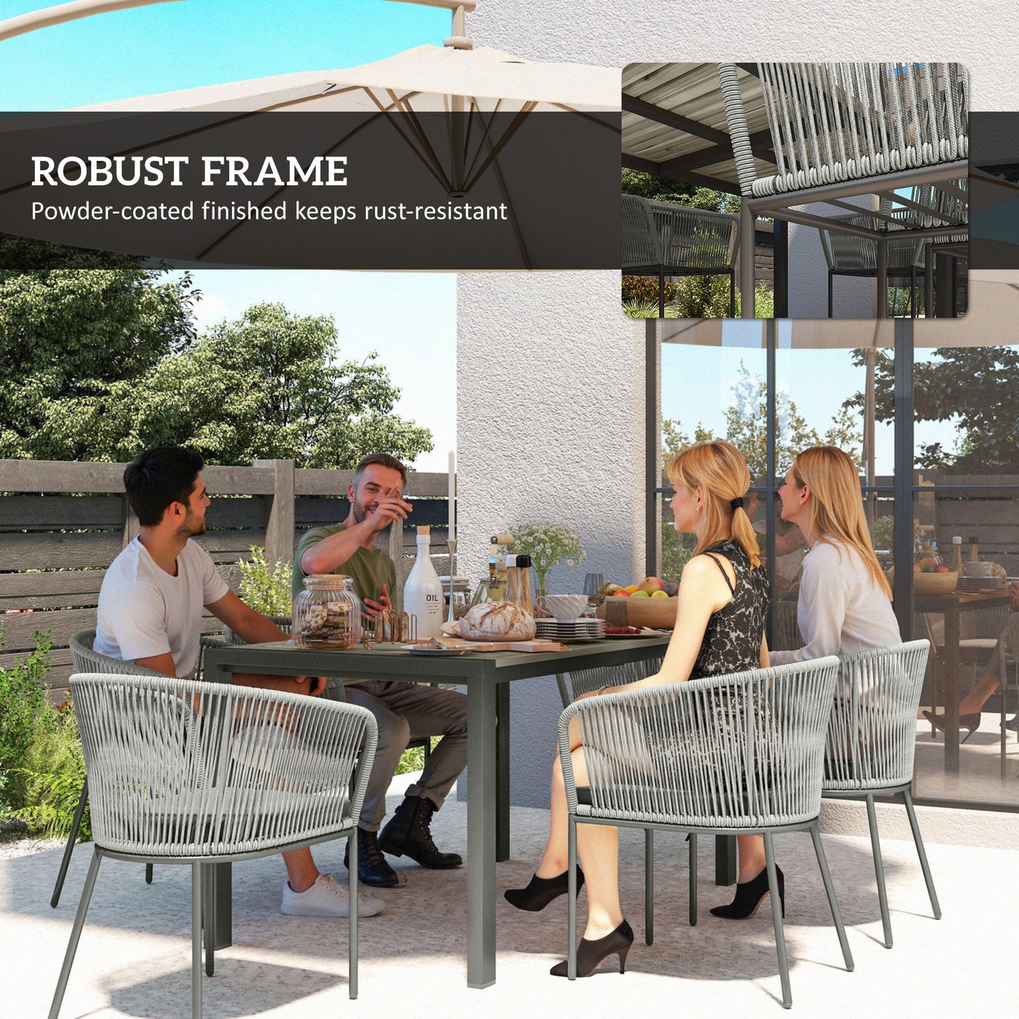 Outsunny Rattan Dining Set, 6 Seater Rattan Garden Furniture Set with Acacia Wood Top Rectangle Table, 6 Chairs, Washable Seat Cushions, for Outdoor, Patio, Conservatory, Grey