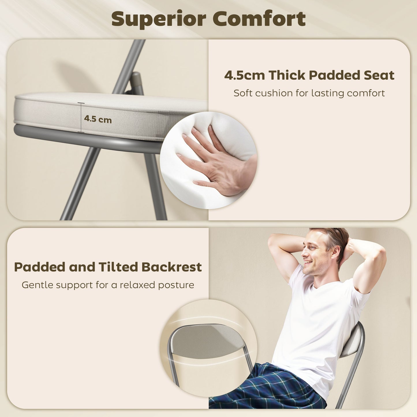 HOMCOM Set of Four Folding Corduroy Seat Chairs, Cream
