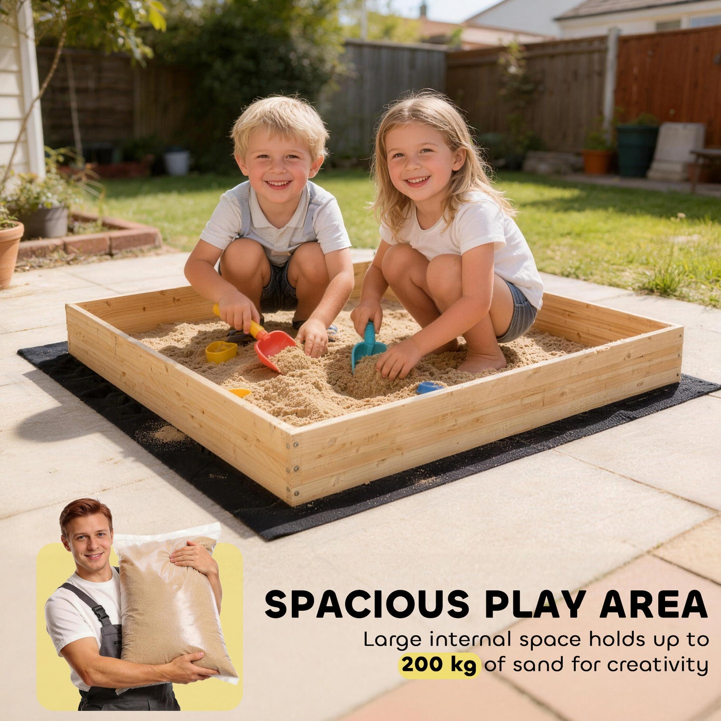 AIYAPLAY Wooden Sand Pit with Digger, Kids Sandbox Outdoor, SandPit with 360 Swivel Seat and Bottom Liner