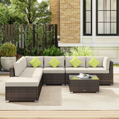 Outsunny 8 Piece Rattan Corner Sofa Set with Wide & Deep Seat, Assembled Aluminium PE Rattan Garden Furniture Set with Thick Cushions and Glass Top Table for Outdoor, Conservatory, Mixed Brown-Outdoor Furniture Sets-ChewyGames-ChewyGames