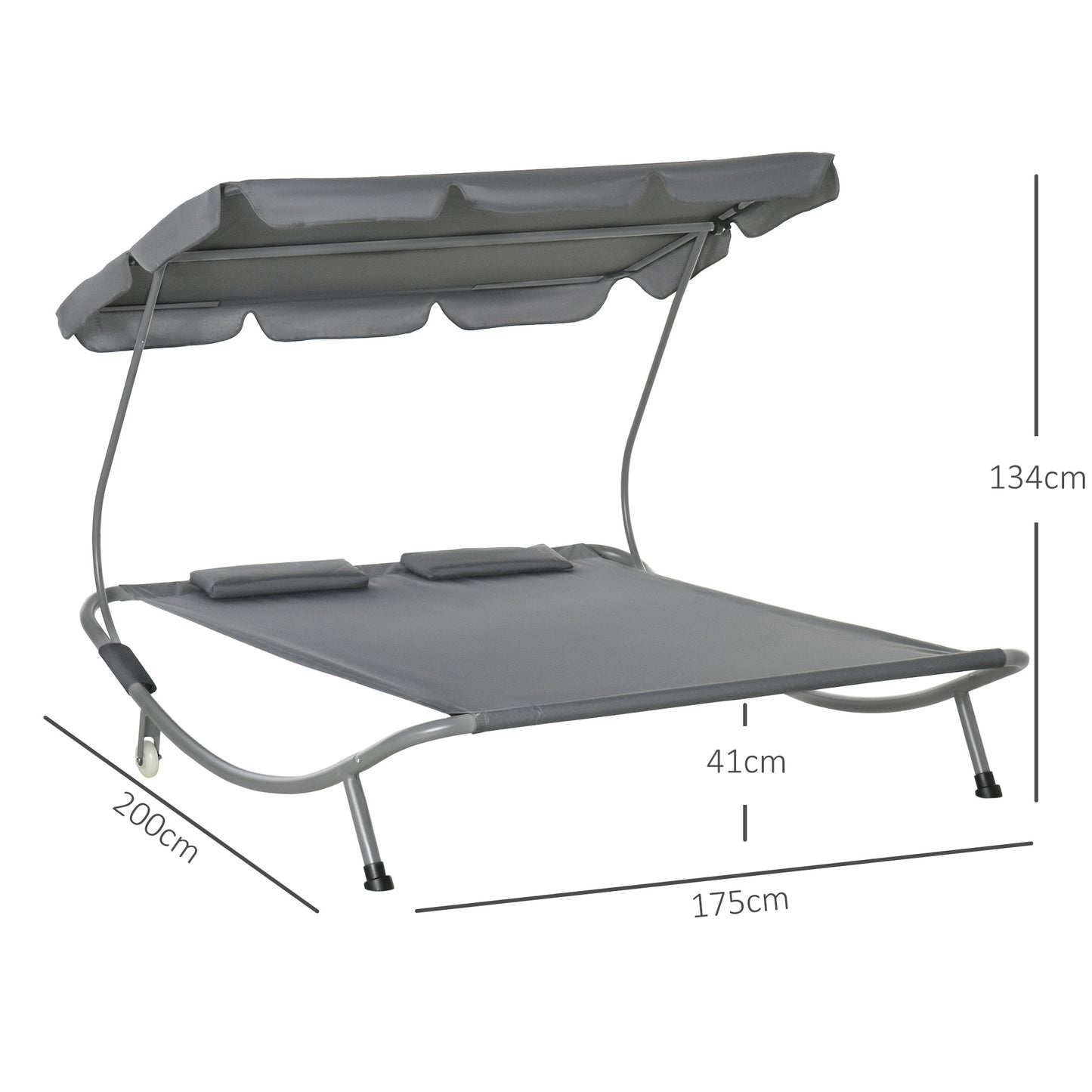 Outsunny Double Sun Lounger with Adjustable Detachable Canopy, Portable Garden Daybed for 2 with Wheels, Outdoor Sunbed Hammock with 2 Pillows, 220 KG Max. Load, Grey--ChewyGames-ChewyGames
