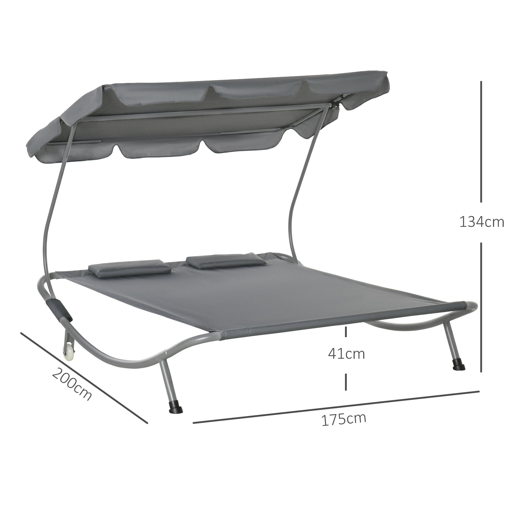 Outsunny Double Sun Lounger with Adjustable Detachable Canopy, Portable Garden Daybed for 2 with Wheels, Outdoor Sunbed Hammock with 2 Pillows, 220 KG Max. Load, Grey--ChewyGames-ChewyGames