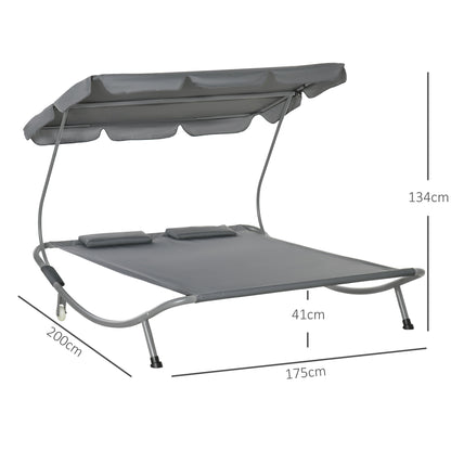 Outsunny Double Sun Lounger with Adjustable Detachable Canopy, Portable Garden Daybed for 2 with Wheels, Outdoor Sunbed Hammock with 2 Pillows, 220 KG Max. Load, Grey--ChewyGames-ChewyGames