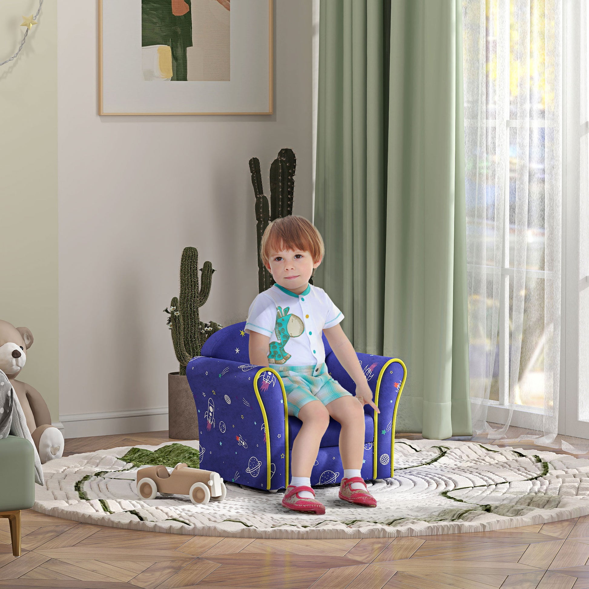 AIYAPLAY Kids Armchair with Planet Dinosaurs Design, Wooden Frame, for Bedroom, Playroom, Kids Room - Blue-Play Sofas-ChewyGames-ChewyGames