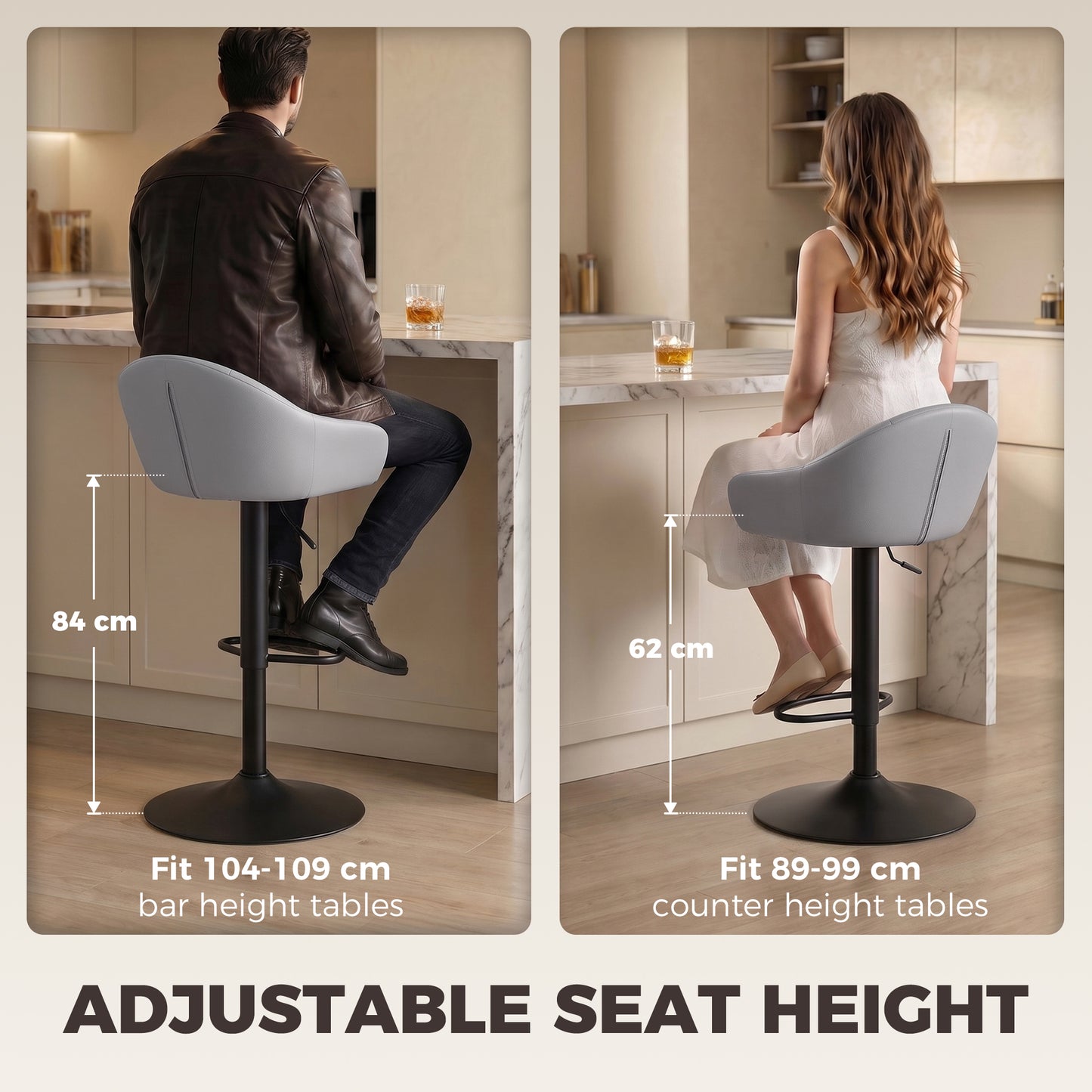 HOMCOM Bar Stools Adjustable Heights Breakfast Bar Stools Backrest Armrests Set of 2 with Rubber Ring Metal Base, Grey