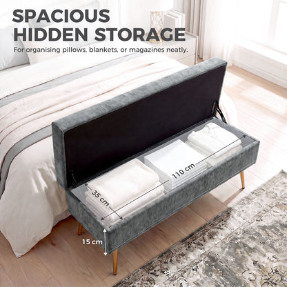 HOMCOM Storage Ottoman, Chenille Upholstered Ottoman Storage Box with Padded Seat, Metal Legs, 114 x 41 x 45 cm, Grey