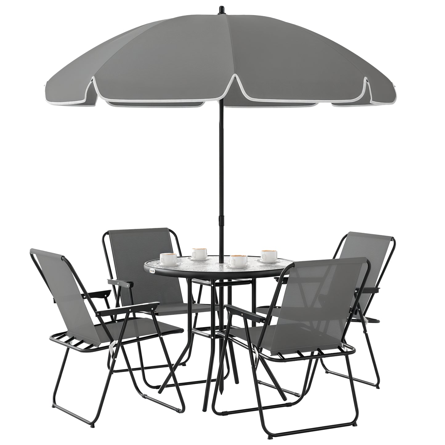 Outsunny 4 Seater Garden Furniture Set, 6 Pieces Garden Table and Chairs with Parasol, Outdoor Garden Dining Set with Folding Chairs and Round Glass Top Table for Patio, Grey
