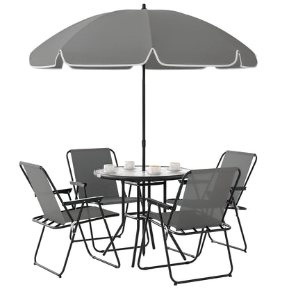 Outsunny 4 Seater Garden Furniture Set, 6 Pieces Garden Table and Chairs with Parasol, Outdoor Garden Dining Set with Folding Chairs and Round Glass Top Table for Patio, Grey