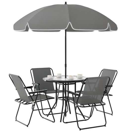 Outsunny 4 Seater Garden Furniture Set, 6 Pieces Garden Table and Chairs with Parasol, Outdoor Garden Dining Set with Folding Chairs and Round Glass Top Table for Patio, Grey
