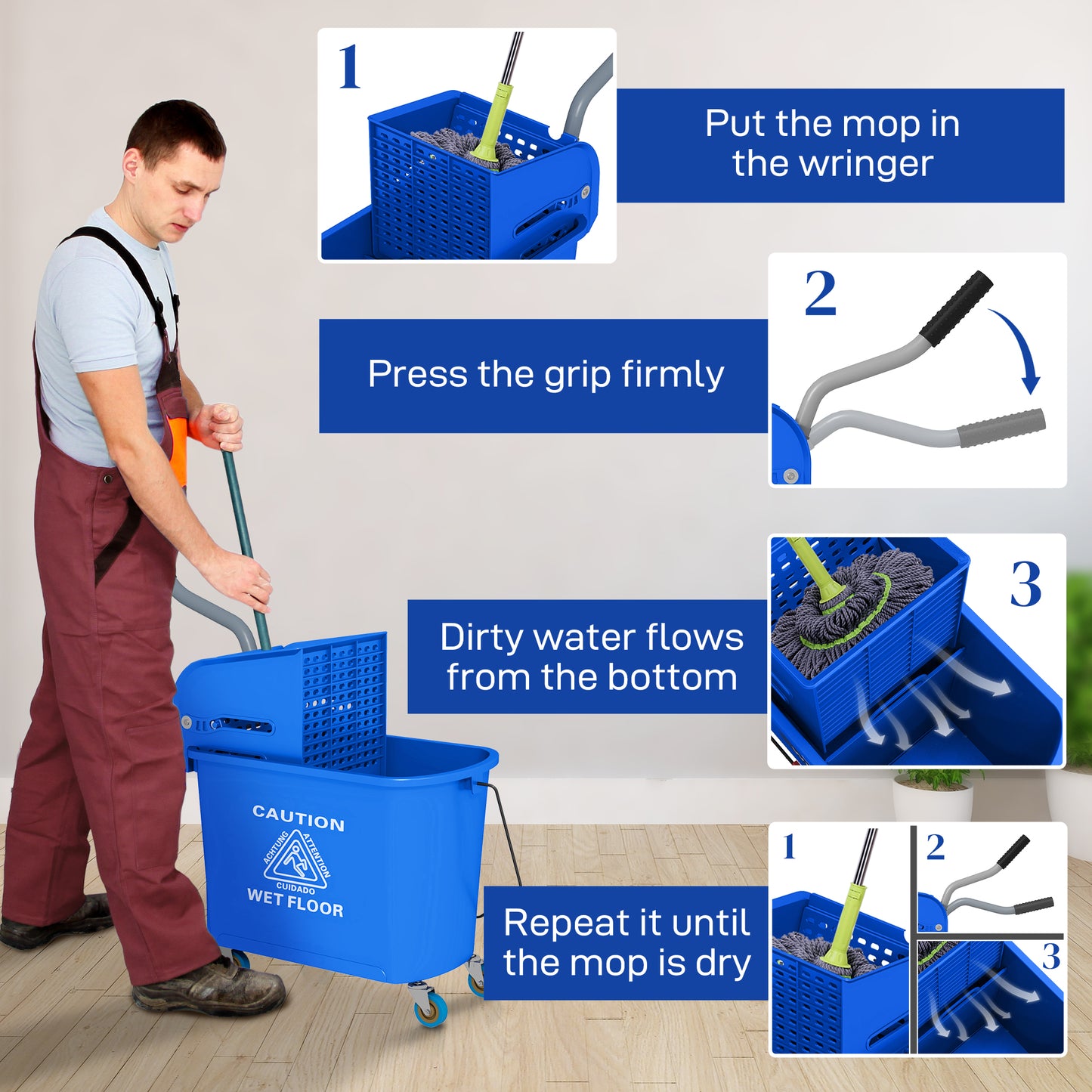 HOMCOM 20L Compact Mop Bucket on Wheels, with Water Separation Panel - Blue