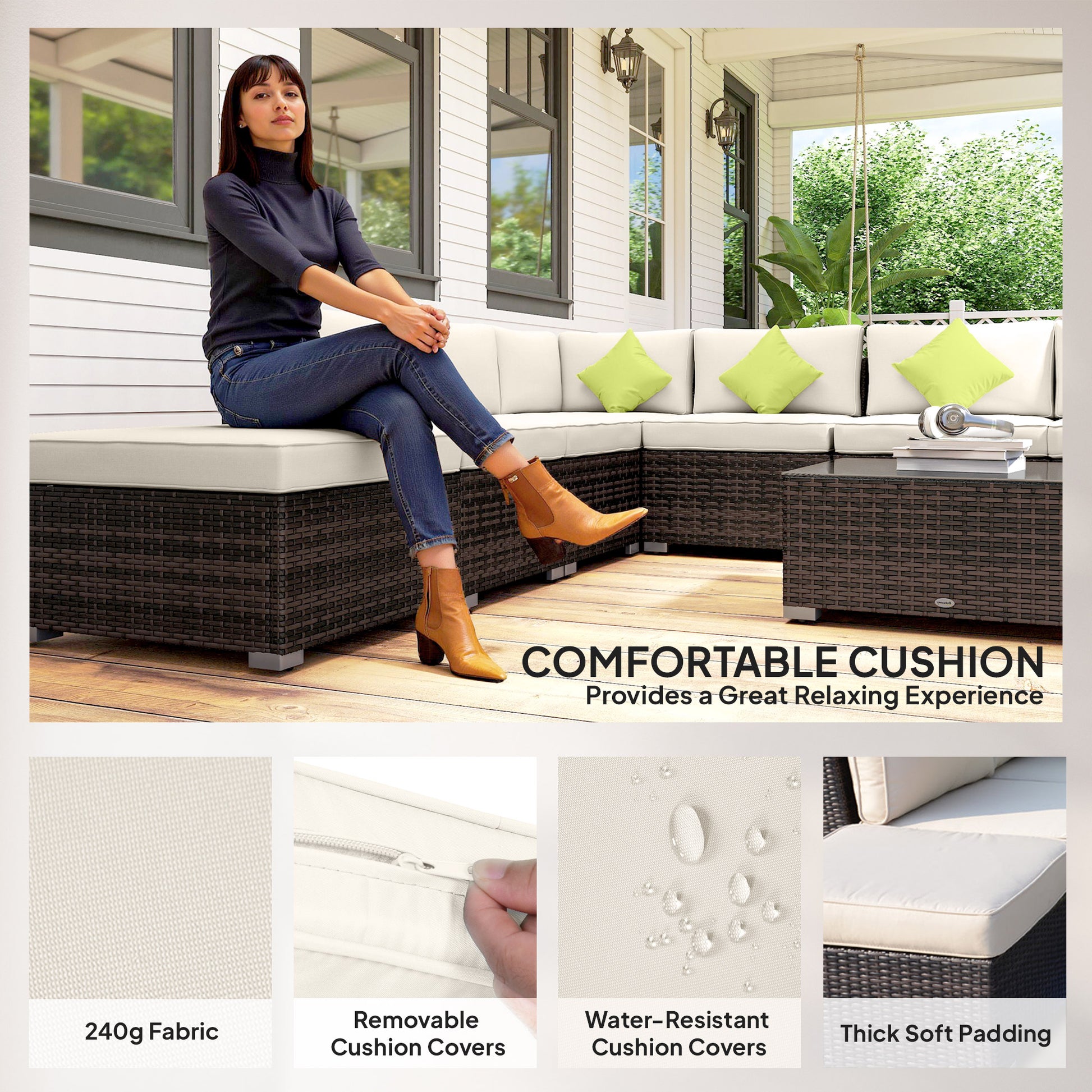 Outsunny 8 Piece Rattan Corner Sofa Set with Wide & Deep Seat, Assembled Aluminium PE Rattan Garden Furniture Set with Thick Cushions and Glass Top Table for Outdoor, Conservatory, Mixed Brown-Outdoor Furniture Sets-ChewyGames-ChewyGames